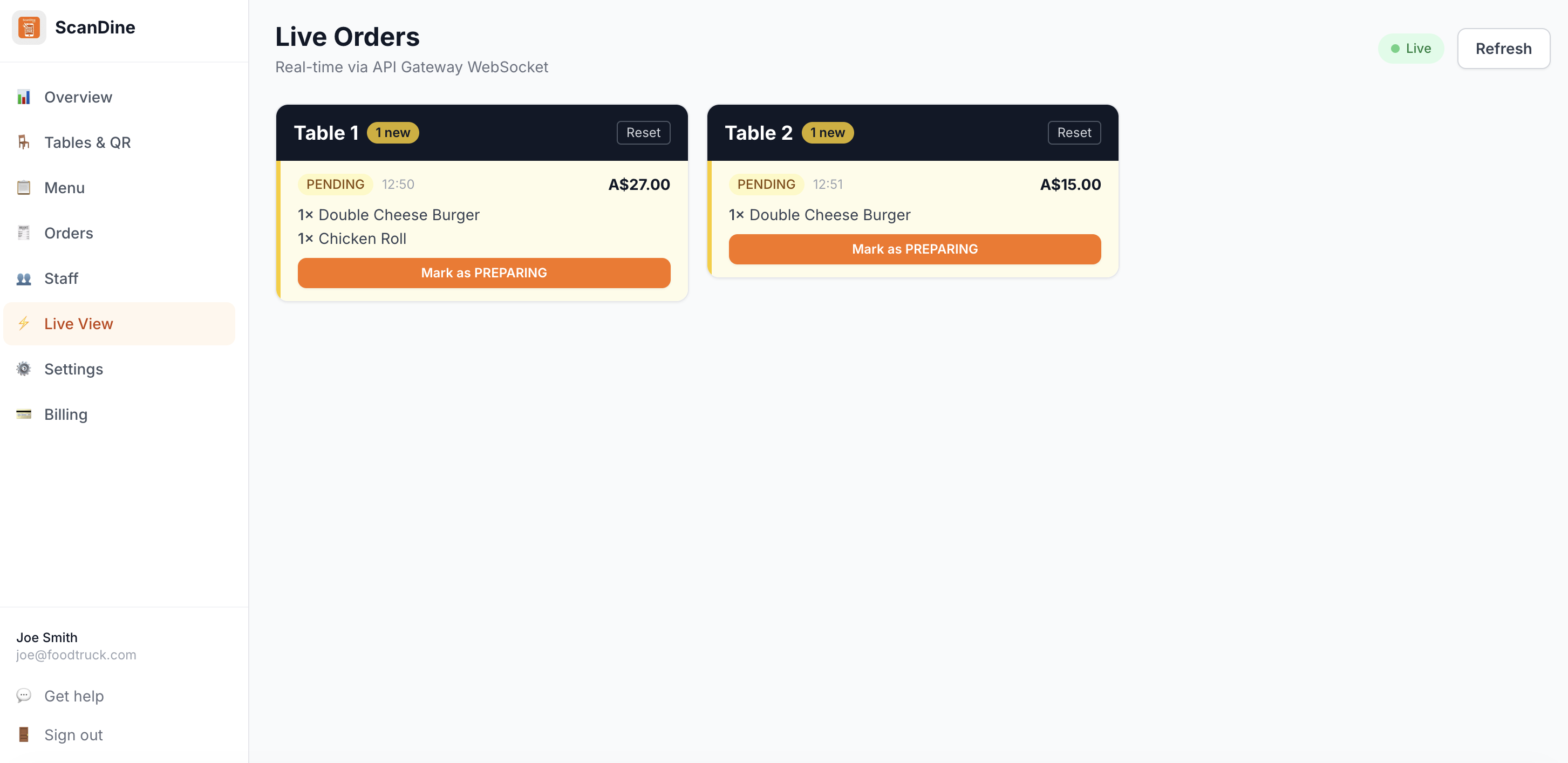 Monitor orders in real time